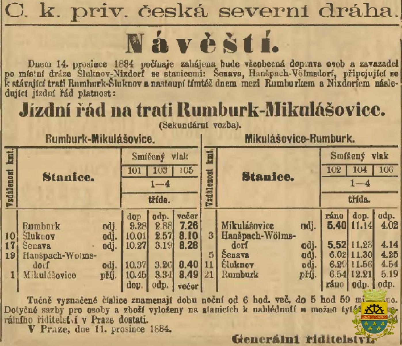 Jízdní řád  vydaný v Praze 11.12.1884
