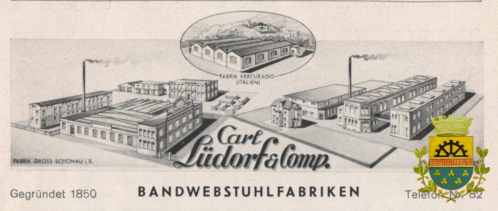 Karl Lüdorf & Co. s pilou, stroje na výrobu stuh. 